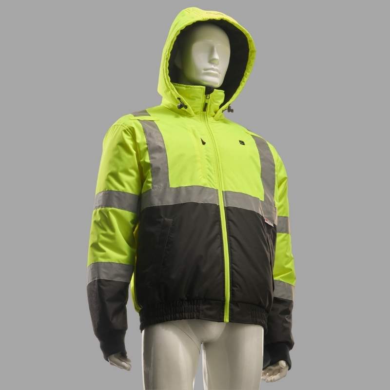 ANSI/ISEA 107 Class 3 Heated Hi-Vis Safety Jacket Model 9001 on utility worker, ensuring maximum visibility and 5-zone core heating.