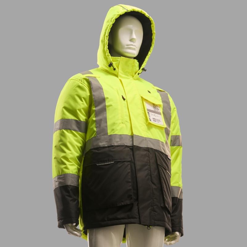 Heated Hi-Vis Extended-Length Safety Parka Model 9002 on ground support team, providing 7-zone core heating for snow and freezing rain.