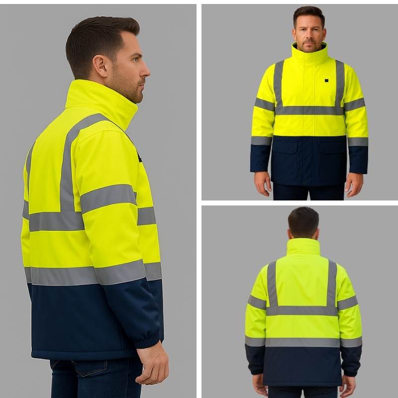 Close-up of 12V DC5521 power interface and single-button control on the Thermal Hi-Vis Field Jacket for quick and easy cold-stress reduction.