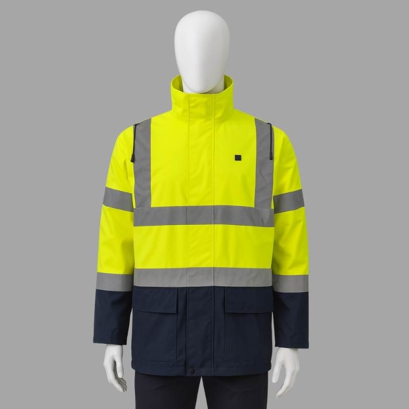 Thermal Hi-Vis Field Jacket HVSJ003 worn by utility worker, showing 360° retroreflective tape and two-tone design for improved field visibility.