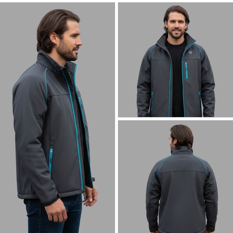 Front, back, and side view of the versatile Heated Softshell Work Jacket, showing stand collar and multiple zip pockets.