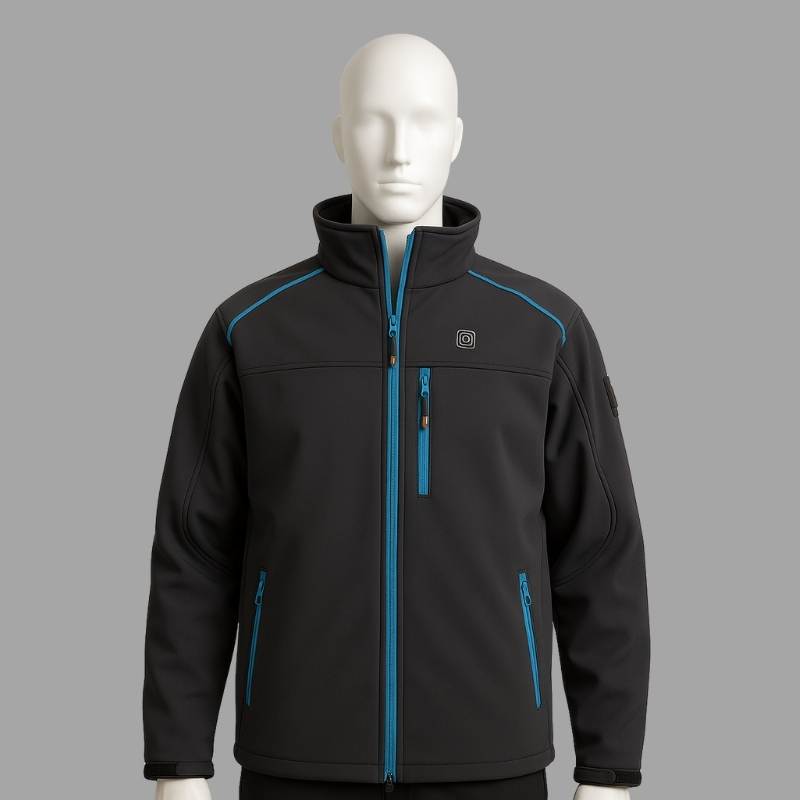 Professional Heated Softshell Work Jacket with contrast piping, 3-zone heating, and 12V DC5521 power for service teams.